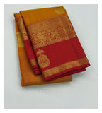 Handwoven Kanchipuram Silk Saree in Mustard with Deep Red Contrast Pallu and Bird Motif Border front view