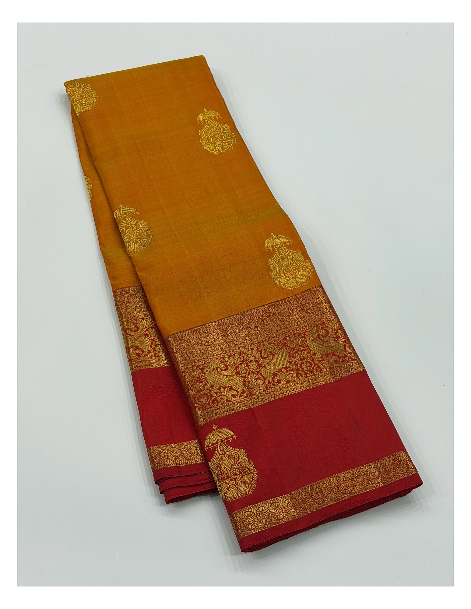 Handwoven Kanchipuram Silk Saree in Mustard with Deep Red Contrast Pallu and Bird Motif Border