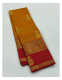 Handwoven Kanchipuram Silk Saree in Mustard with Deep Red Contrast Pallu and Bird Motif Border