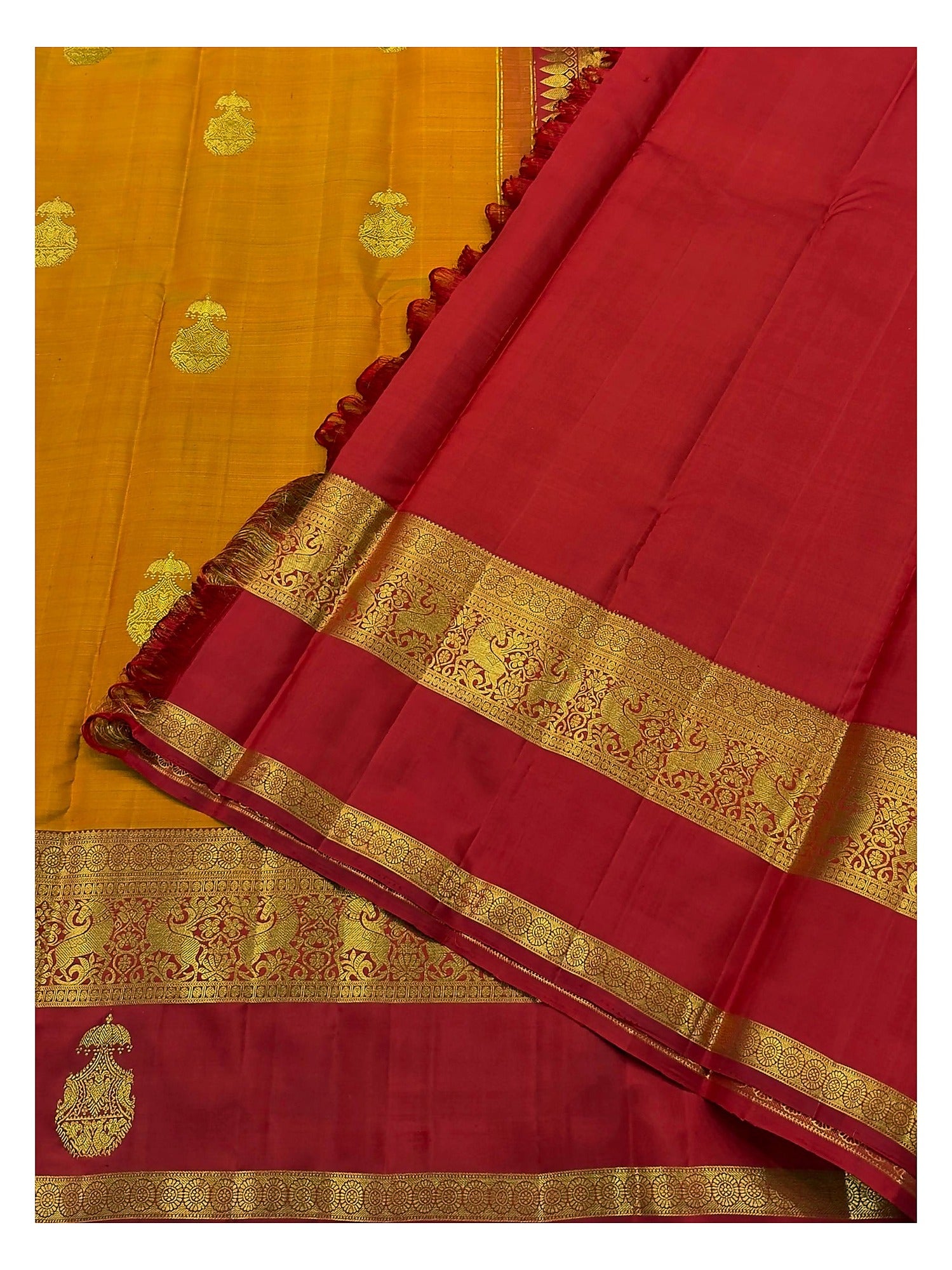 Handwoven Kanchipuram Silk Saree in Mustard with Deep Red Contrast Pallu and Bird Motif Border