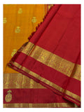 Handwoven Kanchipuram Silk Saree in Mustard with Deep Red Contrast Pallu and Bird Motif Border