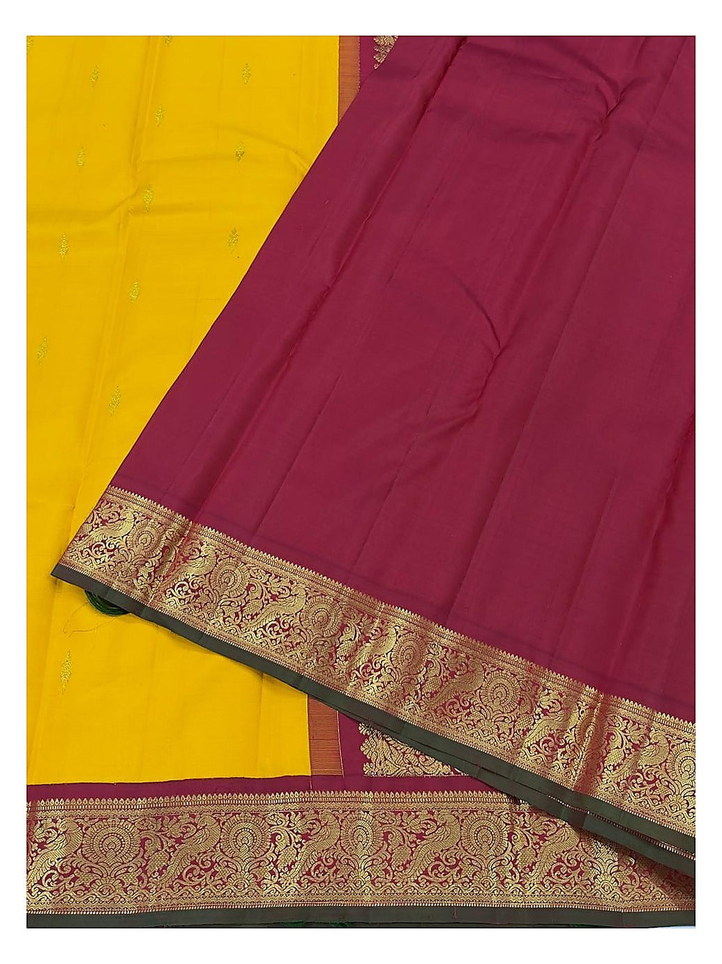 Handwoven Kanchipuram Silk Saree in Mustard with Magenta Zari Border
