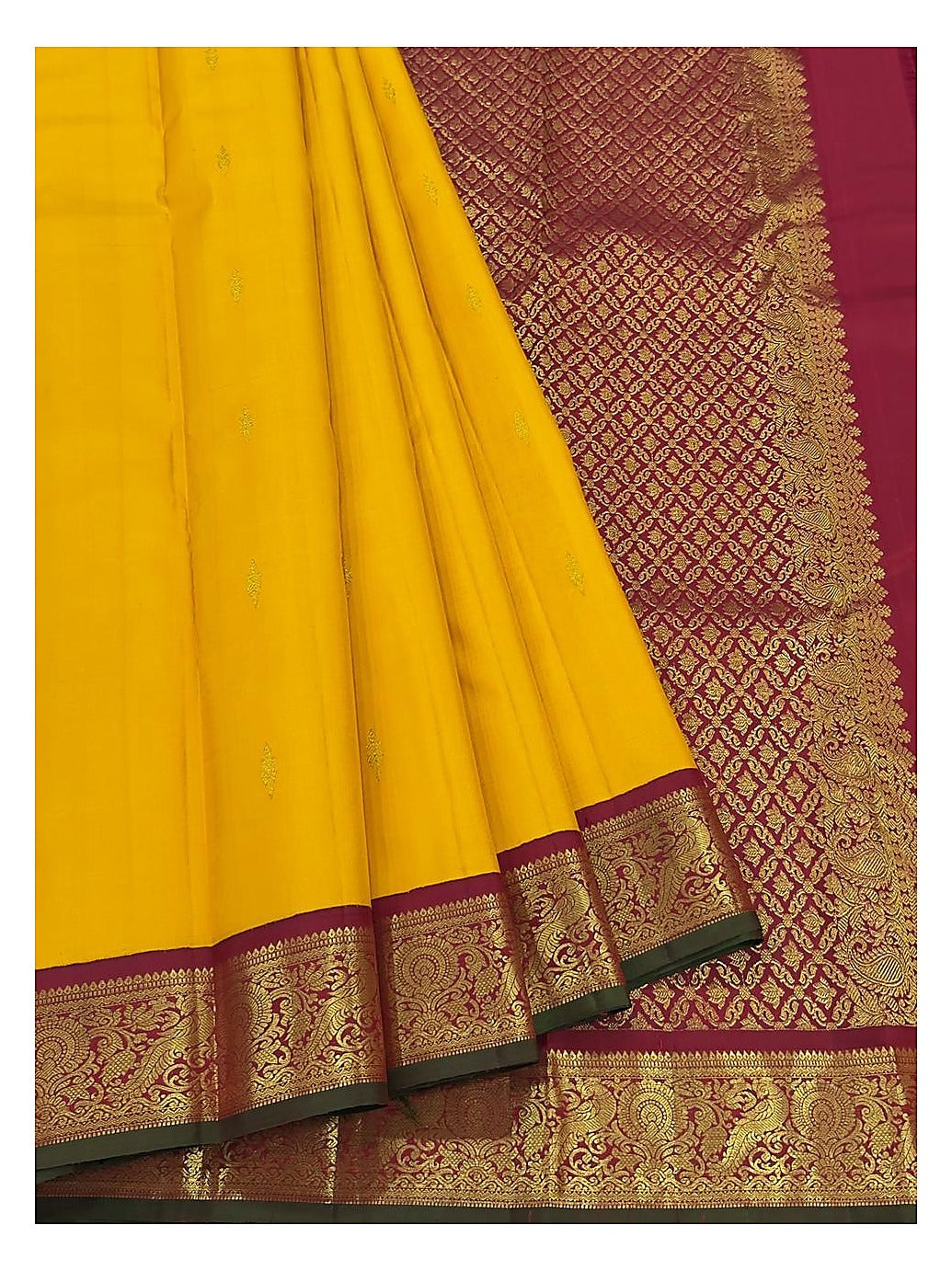 Handwoven Kanchipuram Silk Saree in Mustard with Magenta Zari Border