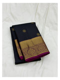 Handwoven Kanchipuram Silk Saree in Navy Blue with Gold Buttas and Magenta Contrast Pallu front view