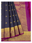 Handwoven Kanchipuram Silk Saree in Navy Blue with Gold Buttas and Magenta Contrast Pallu