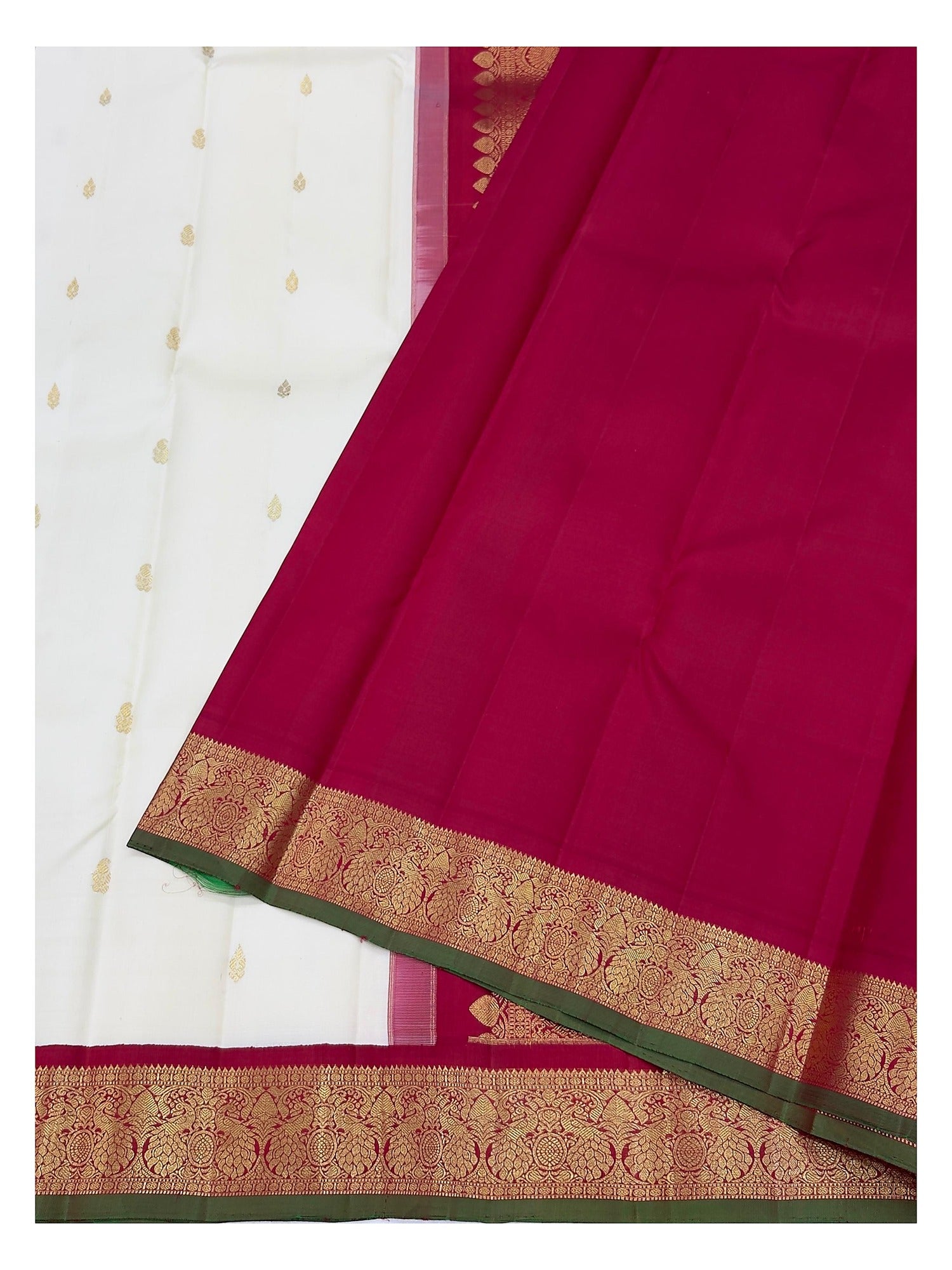 Handwoven Kanchipuram Silk Saree in Off-White with Gold Buttas and Magenta Contrast Pallu