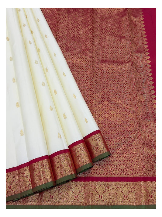 Handwoven Kanchipuram Silk Saree in Off-White with Gold Buttas and Magenta Contrast Pallu