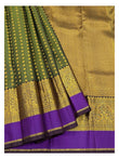 Handwoven Kanchipuram Silk Saree in Olive Green with Purple Contrast Border front view