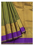 Handwoven Kanchipuram Silk Saree in Olive Green with Purple Contrast Border front view