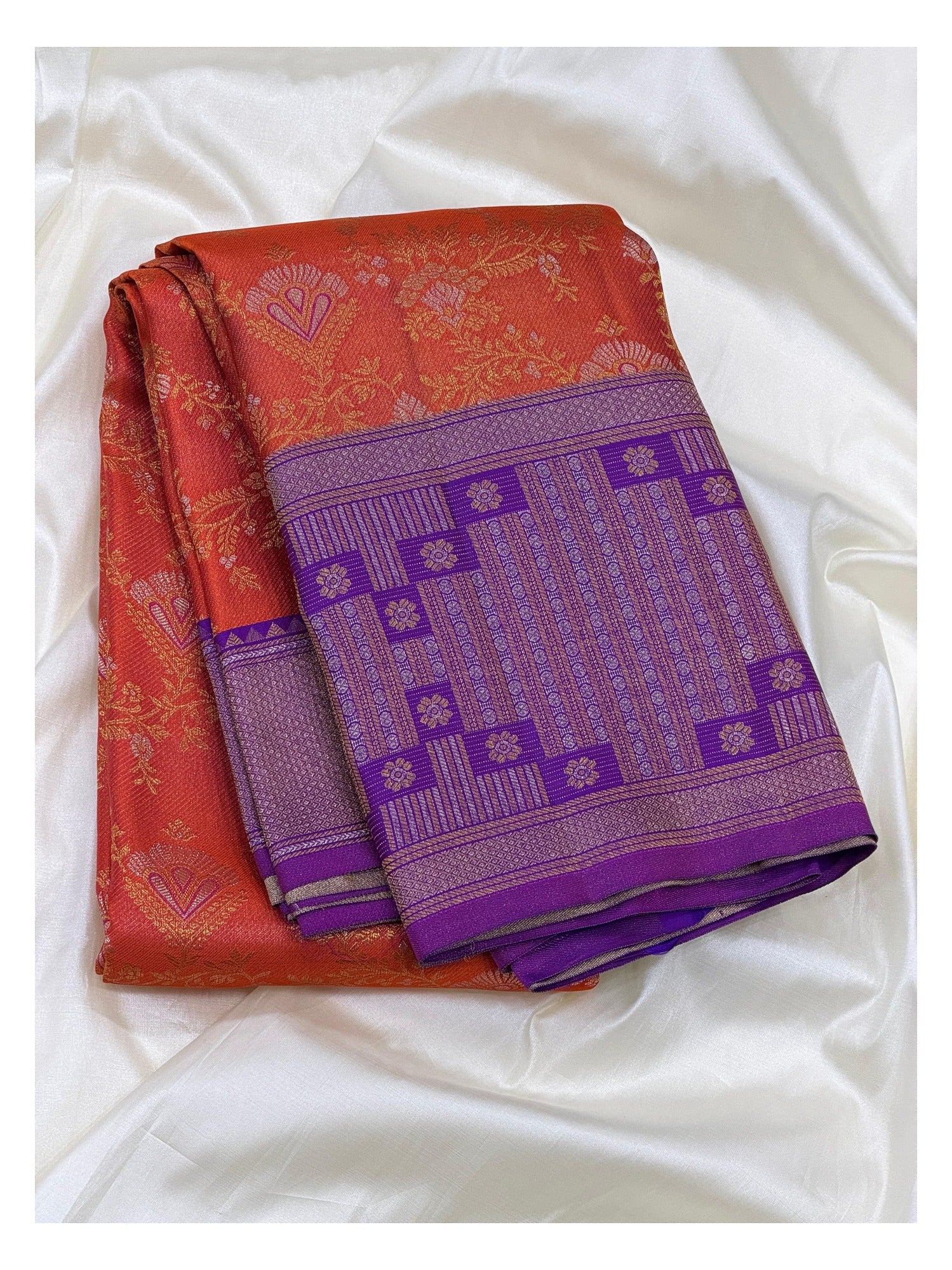 Handwoven Kanchipuram Silk Saree in Orange with Purple Border front view
