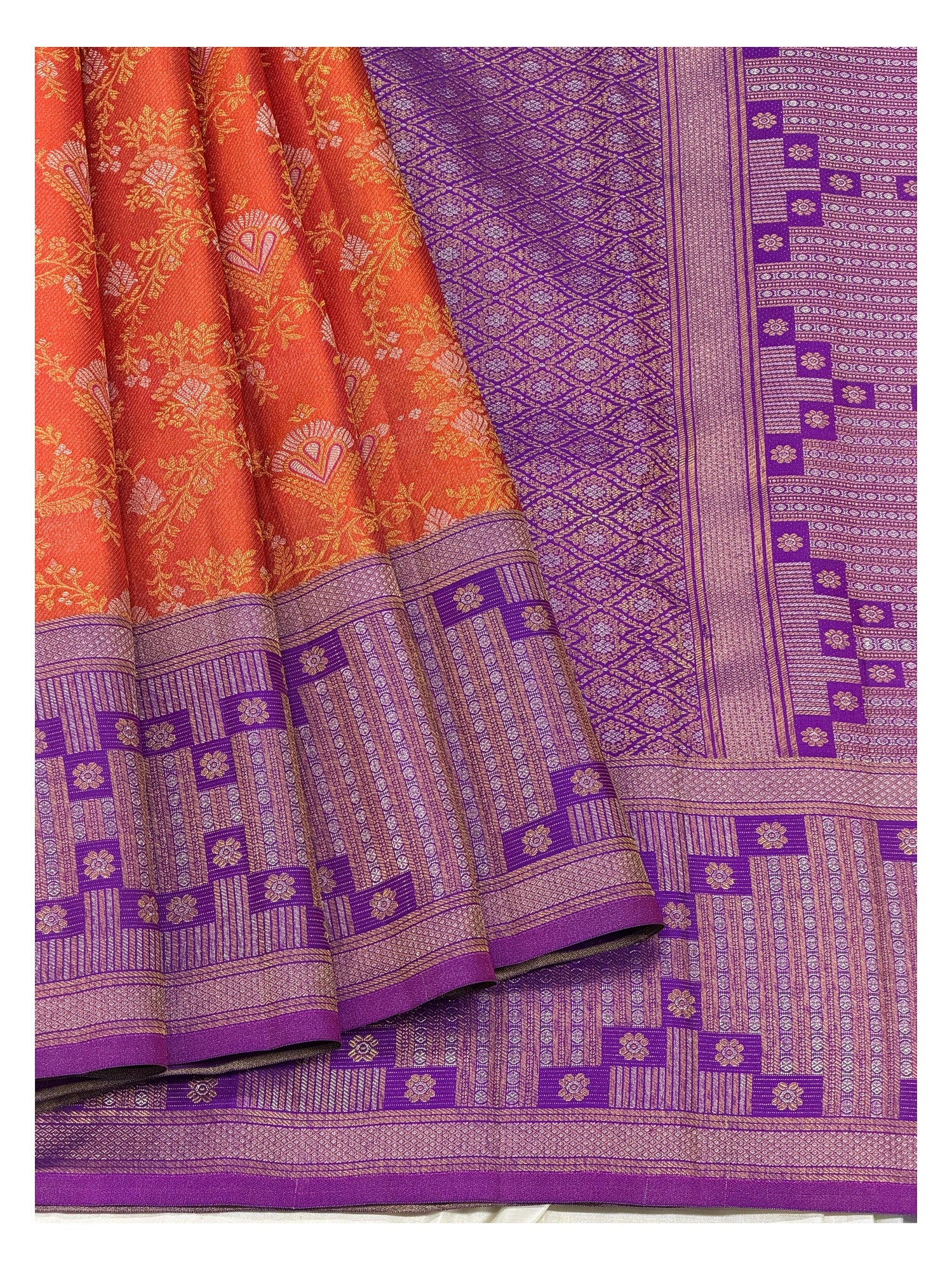 Handwoven Kanchipuram Silk Saree in Orange with Purple Border front view