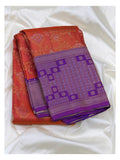 Handwoven Kanchipuram Silk Saree in Orange with Purple Border front view