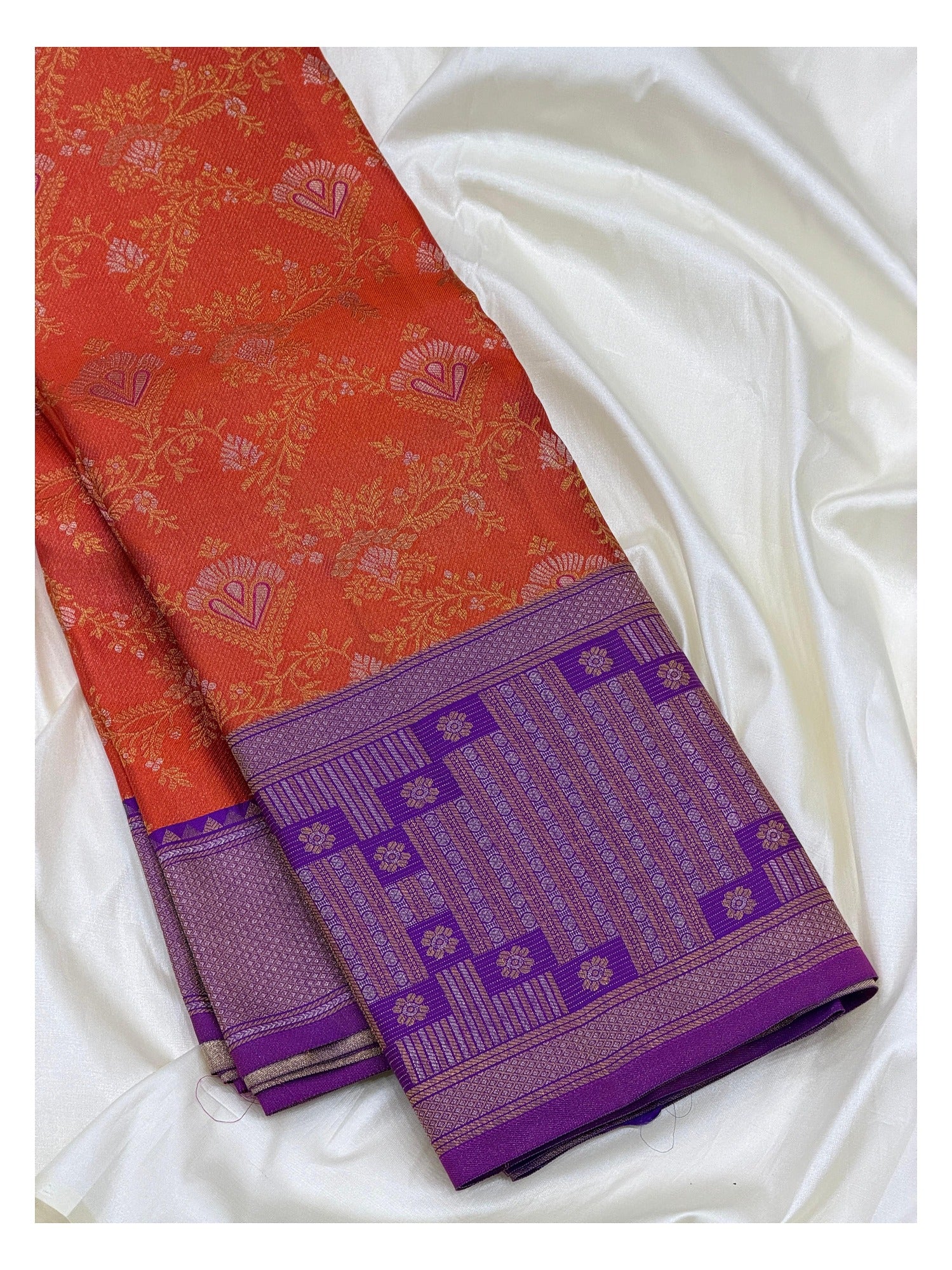 Handwoven Kanchipuram Silk Saree in Orange with Purple Border