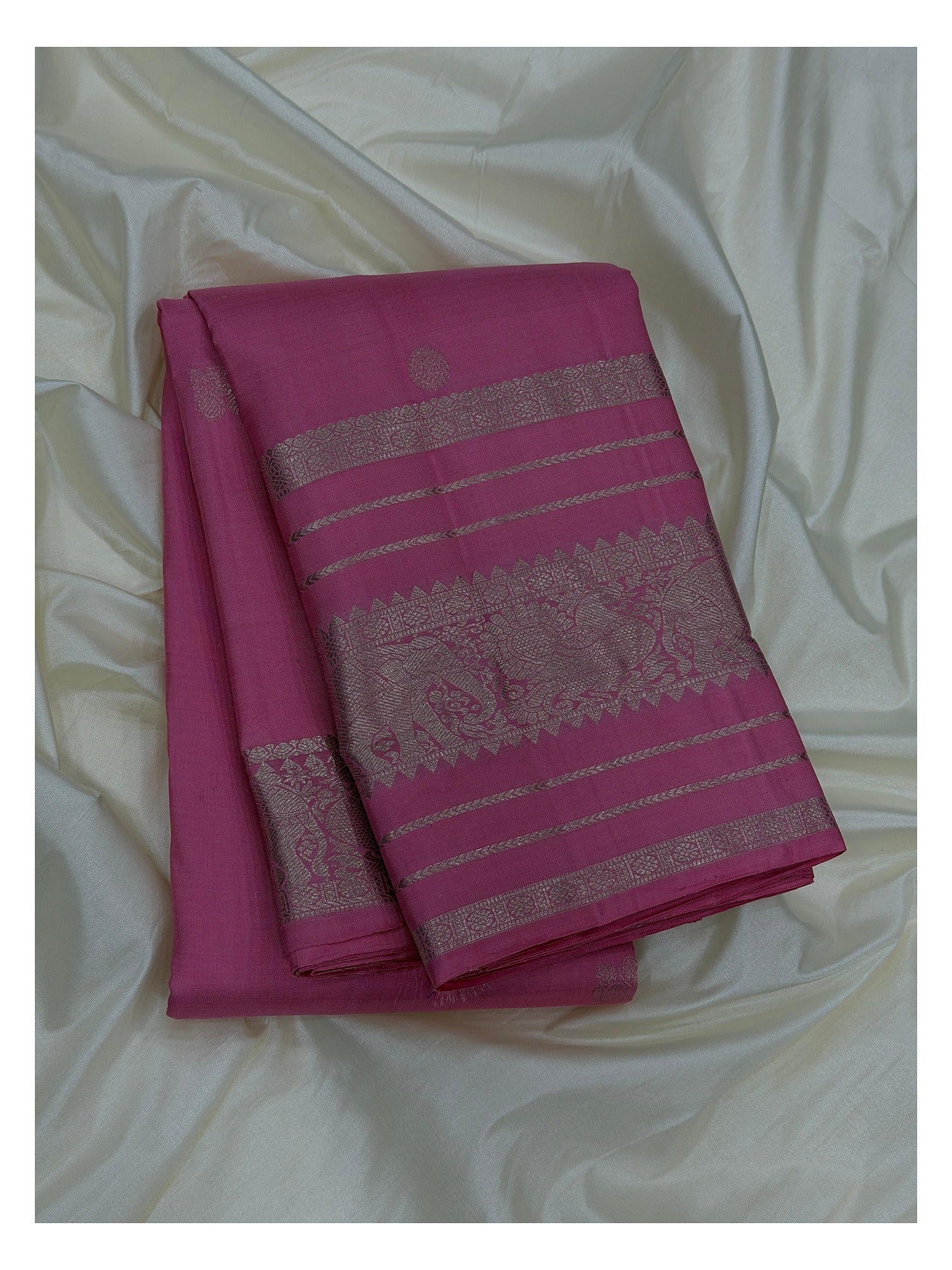 Handwoven Kanchipuram Silk Saree in Pink with Zari Buttas front view