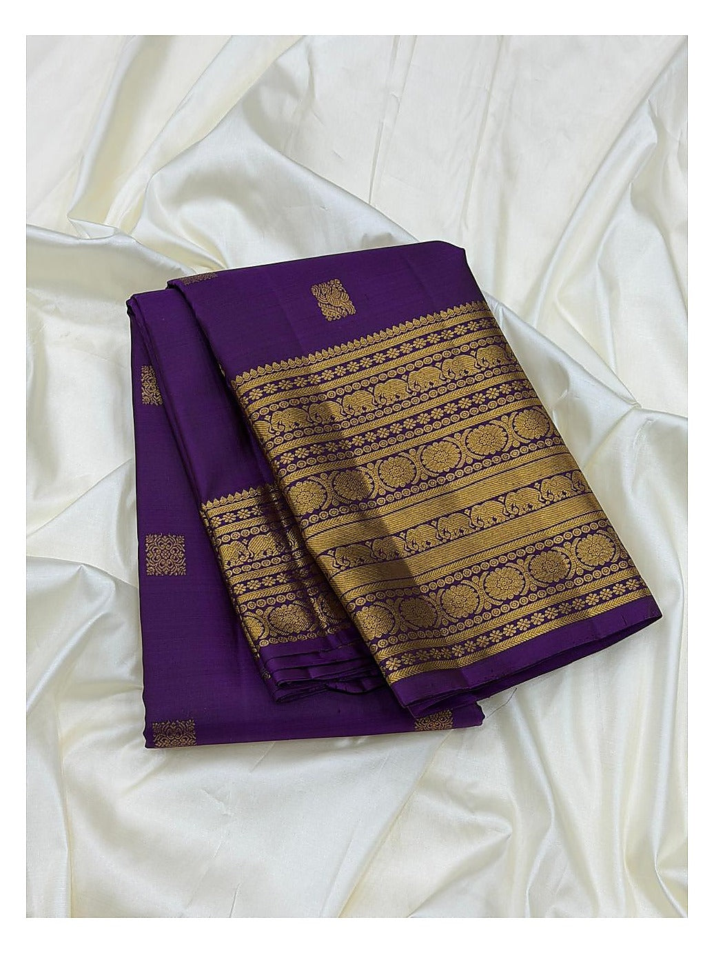Handwoven Kanchipuram Silk Saree in Purple with Rich Gold Border front view