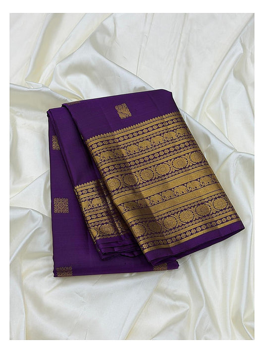 Handwoven Kanchipuram Silk Saree in Purple with Rich Gold Border front view