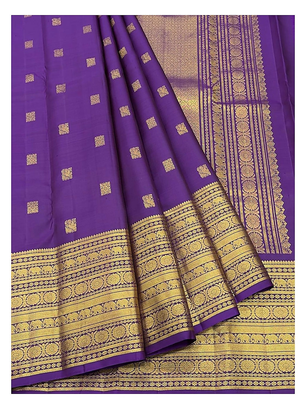 Handwoven Kanchipuram Silk Saree in Purple with Rich Gold Border