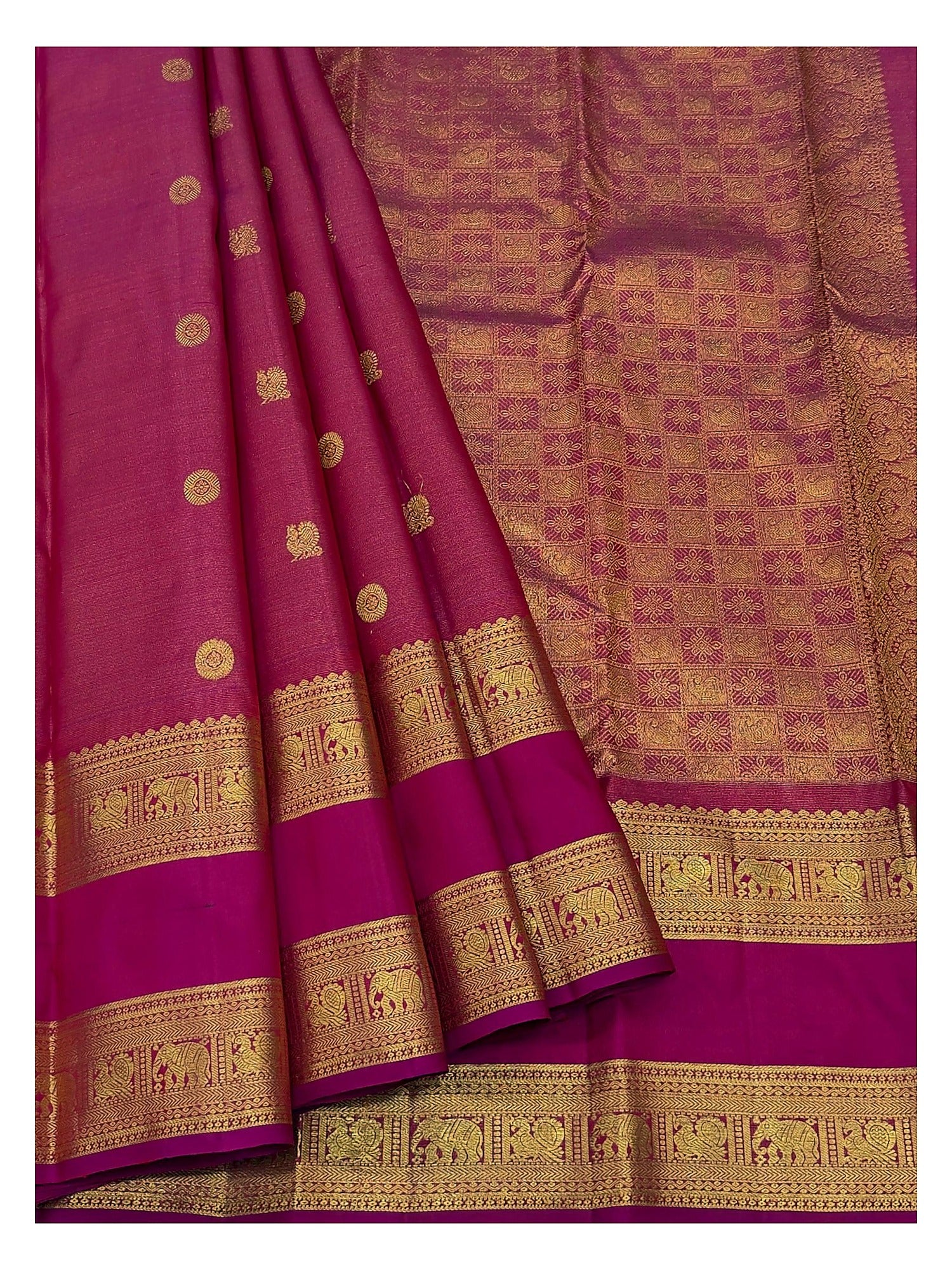 Handwoven Kanchipuram Silk Saree in Raspberry Pink with Gold-Toned Elephant Border front view