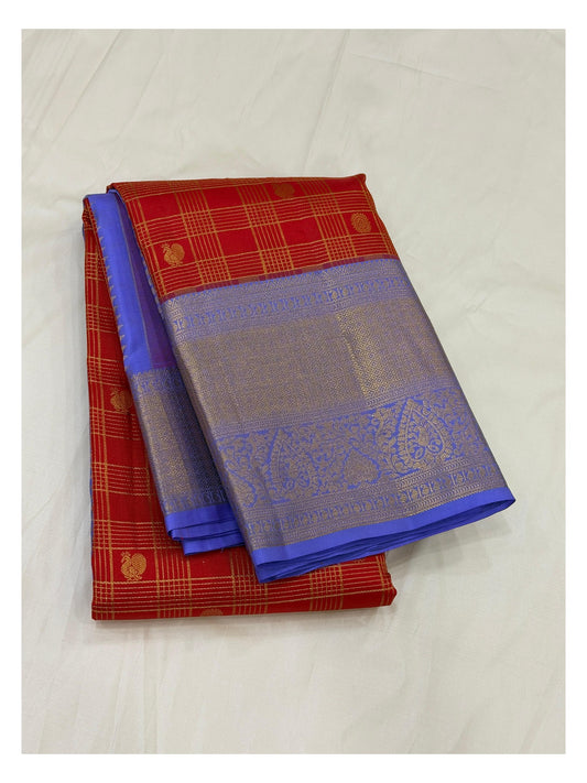 Handwoven Kanchipuram silk saree folded view with red checked body and lavender zari border