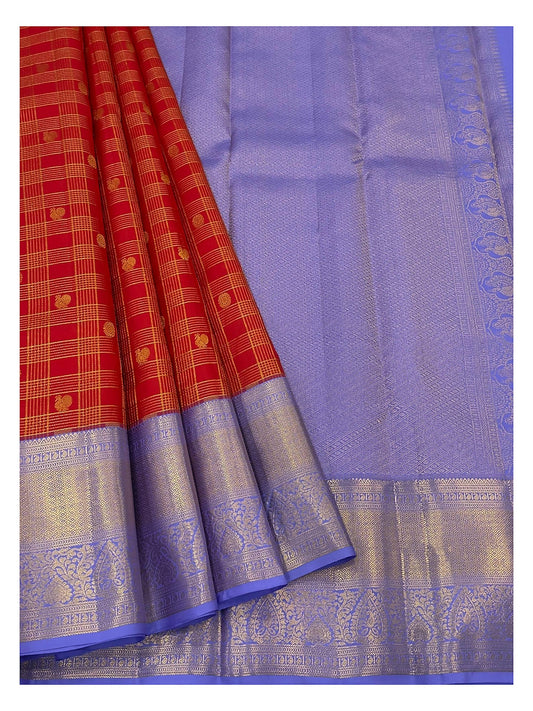 Red checked handwoven Kanchipuram silk saree with broad lavender zari border and pallu