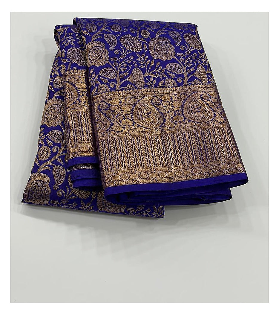 Handwoven Kanchipuram Silk Saree in Royal Blue with Gold-Toned Floral Weave front view