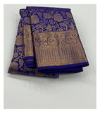 Handwoven Kanchipuram Silk Saree in Royal Blue with Gold-Toned Floral Weave front view