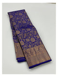 Handwoven Kanchipuram Silk Saree in Royal Blue with Gold-Toned Floral Weave
