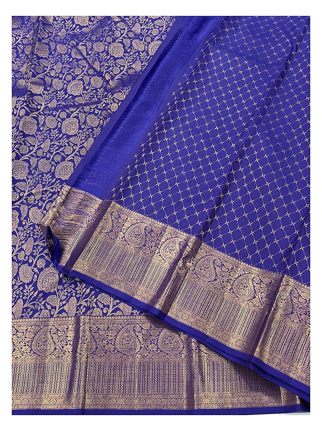 Handwoven Kanchipuram Silk Saree in Royal Blue with Gold-Toned Floral Weave