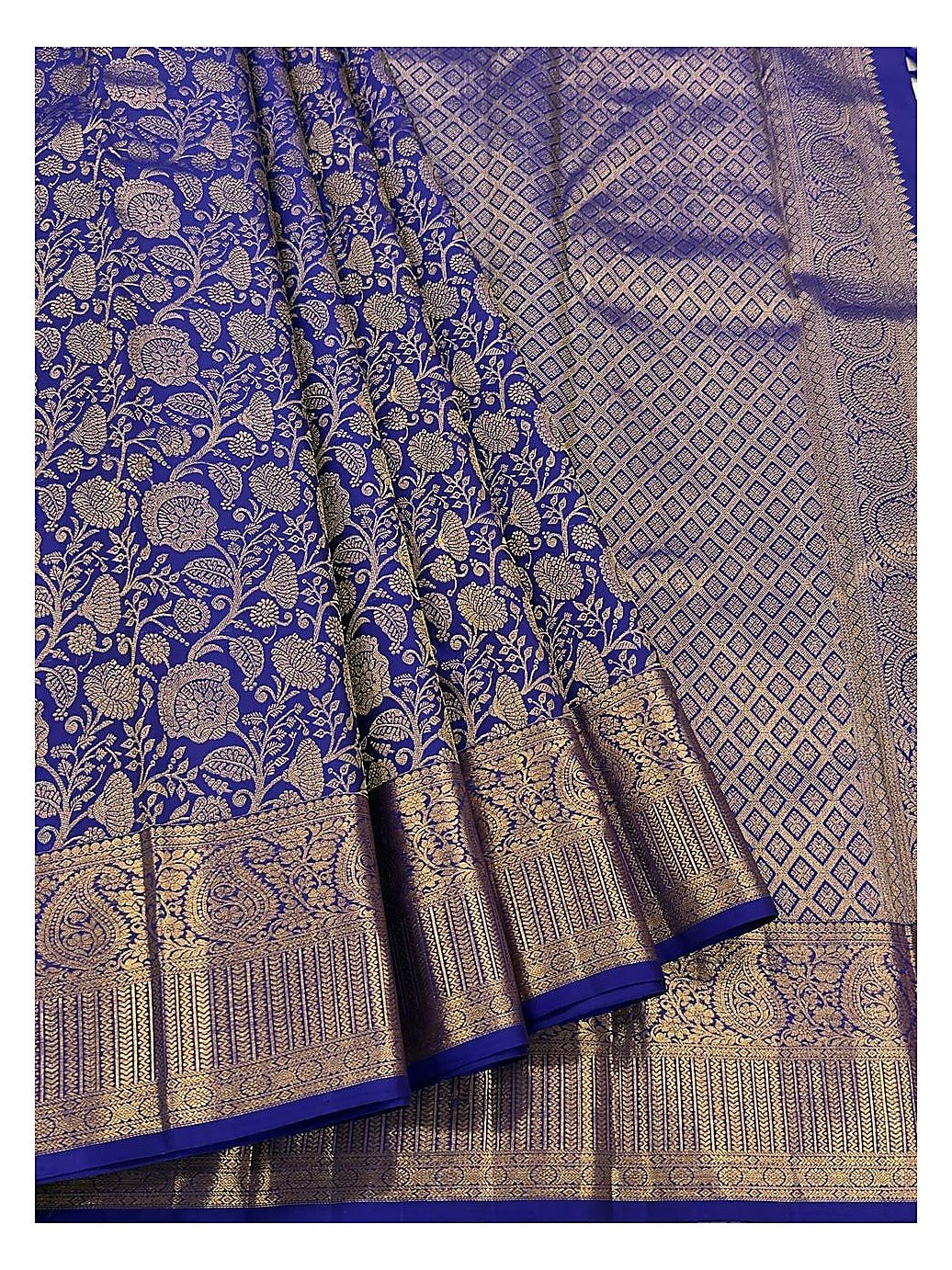 Handwoven Kanchipuram Silk Saree in Royal Blue with Gold-Toned Floral Weave