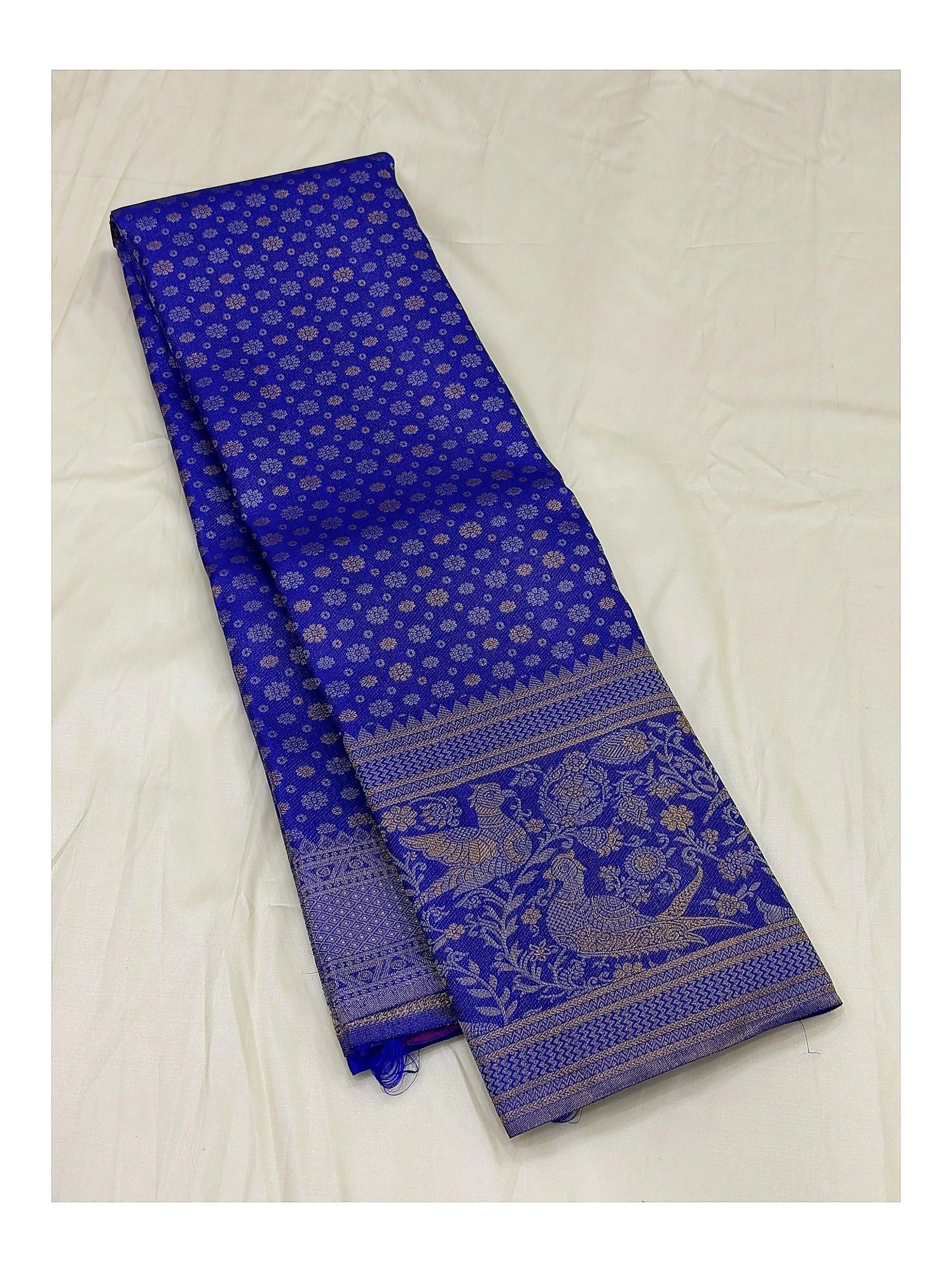 Handwoven Kanchipuram Silk Saree in Royal Blue with Peacock Border