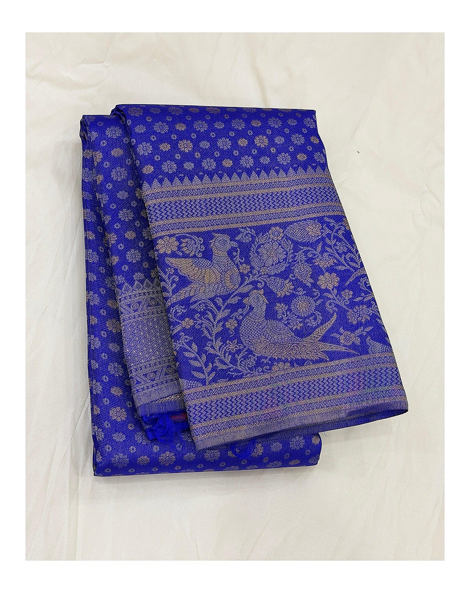 Handwoven Kanchipuram Silk Saree in Royal Blue with Peacock Border front view