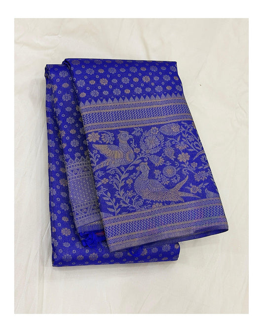 Handwoven Kanchipuram Silk Saree in Royal Blue with Peacock Border front view