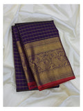 Handwoven Kanchipuram Silk Saree in Royal Purple with Zari Checks and Peacock Border front view