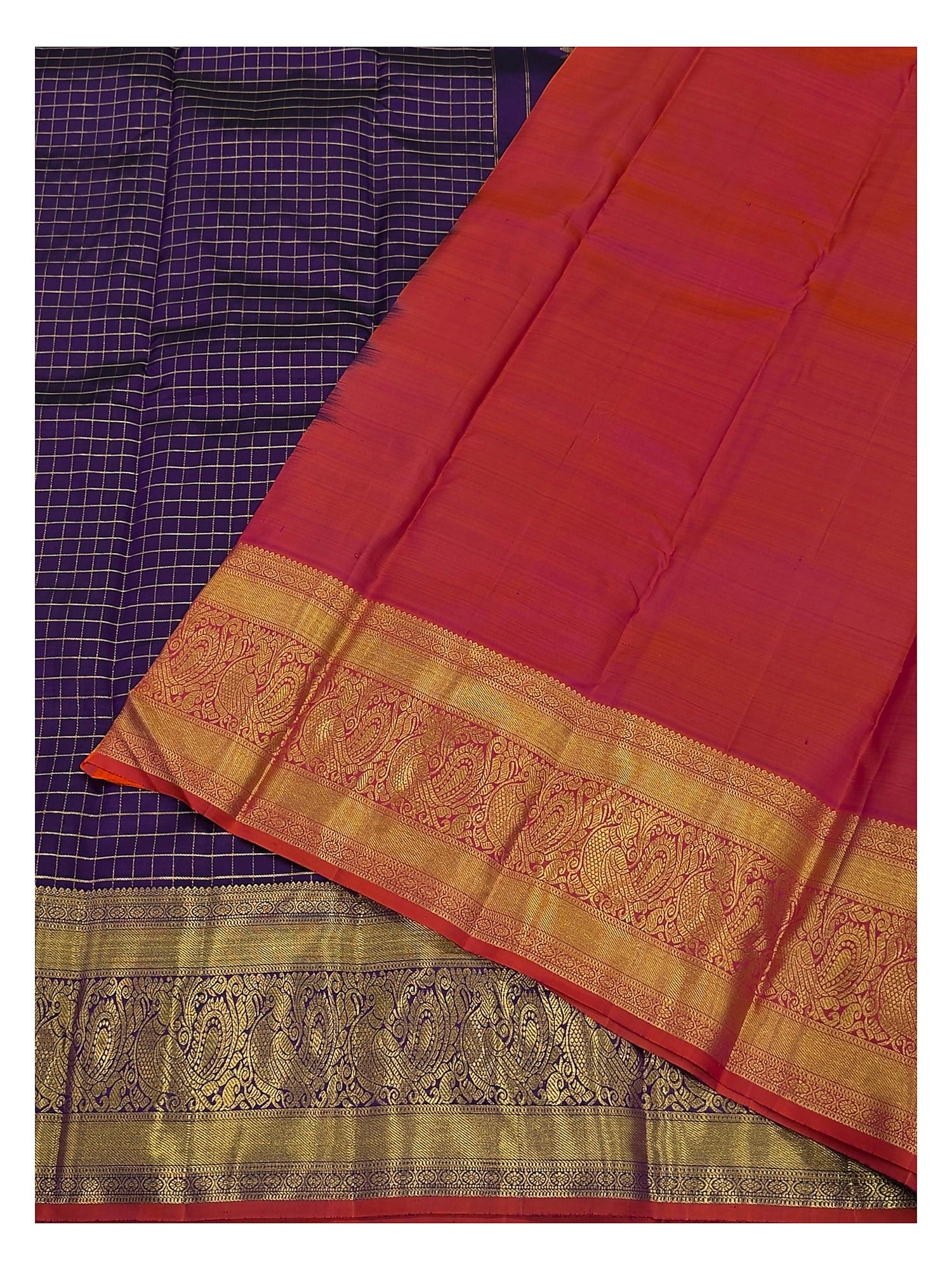 Handwoven Kanchipuram Silk Saree in Royal Purple with Zari Checks and Peacock Border