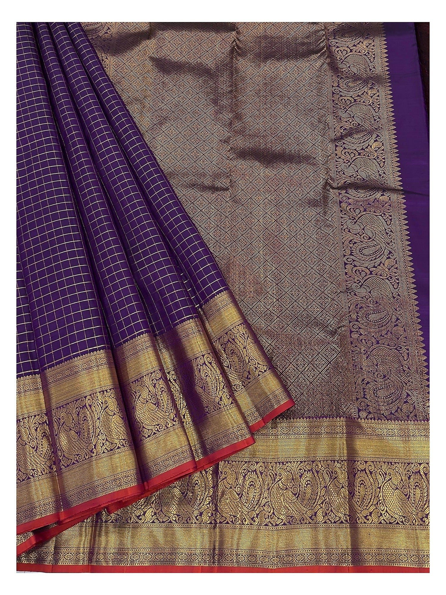Handwoven Kanchipuram Silk Saree in Royal Purple with Zari Checks and Peacock Border