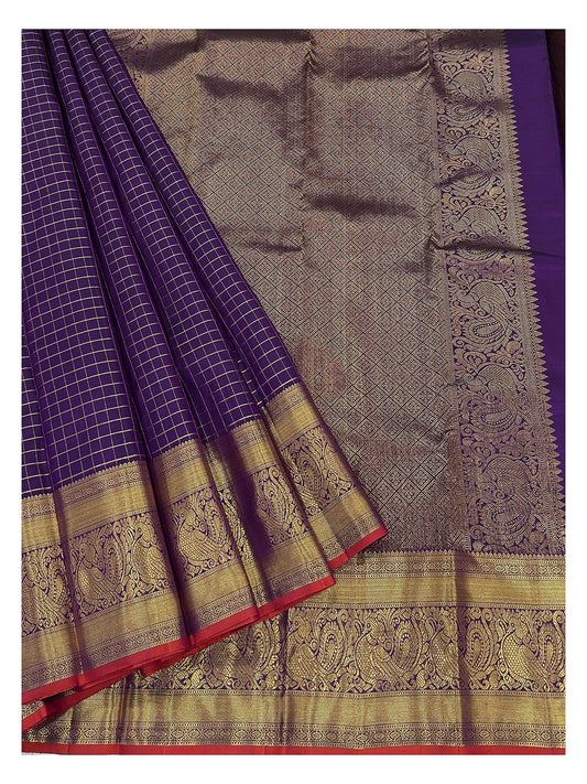 Handwoven Kanchipuram Silk Saree in Royal Purple with Zari Checks and Peacock Border
