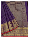 Handwoven Kanchipuram Silk Saree in Royal Purple with Zari Checks and Peacock Border