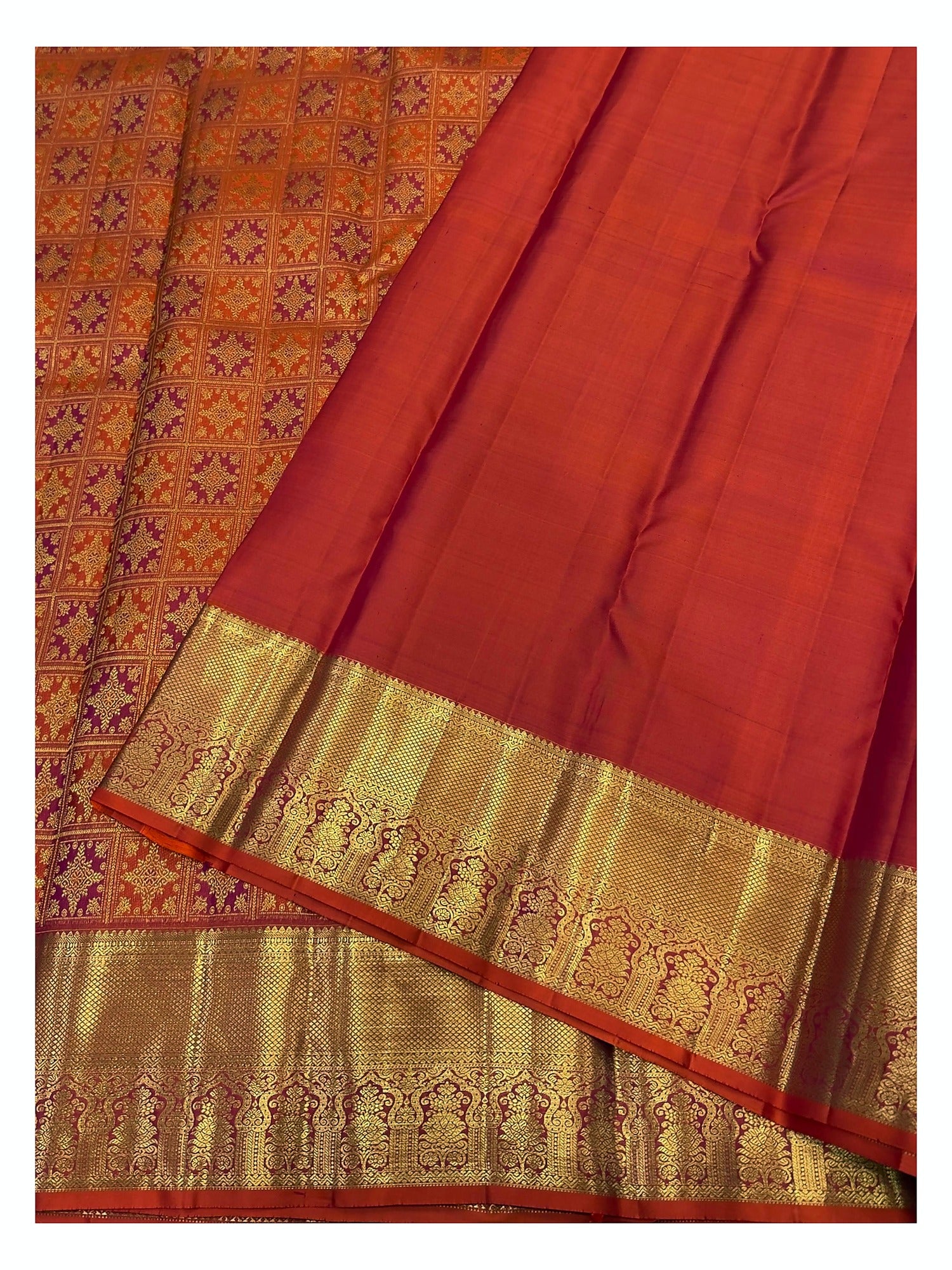 Handwoven Kanchipuram Silk Saree in Rust Orange and Magenta Checks