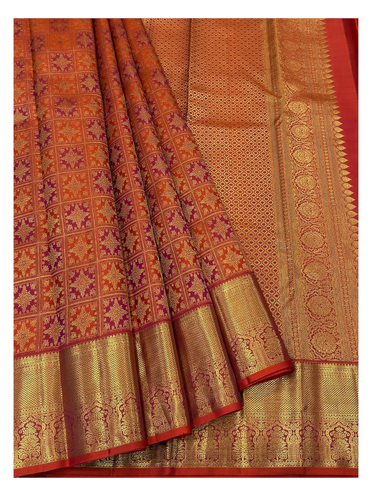 Handwoven Kanchipuram Silk Saree in Rust Orange and Magenta Checks