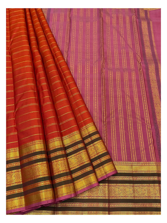 Handwoven Kanchipuram Silk Saree in Rust Orange with Pink Contrast Pallu