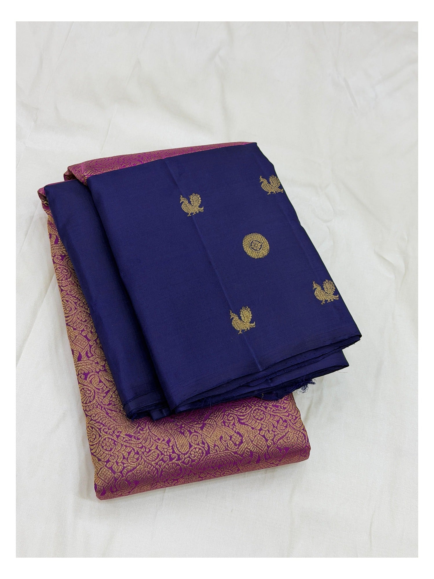 Handwoven Kanchipuram Silk Saree - Indigo Blue with Magenta-Gold Brocade Pallu and Zari Motifs front view