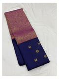 Handwoven Kanchipuram Silk Saree - Indigo Blue with Magenta-Gold Brocade Pallu and Zari Motifs