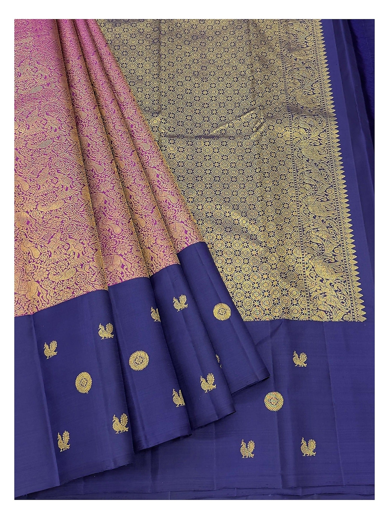 Handwoven Kanchipuram Silk Saree - Indigo Blue with Magenta-Gold Brocade Pallu and Zari Motifs
