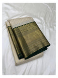 Handwoven Kanchipuram Silk Saree - Ivory with Dark Green Contrast Pallu front view