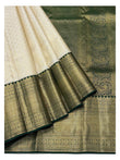 Handwoven Kanchipuram Silk Saree - Ivory with Dark Green Contrast Pallu