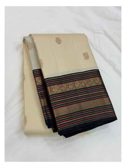Handwoven Kanchipuram Silk Saree - Ivory with Navy Pallu and Gold Woven Border front view