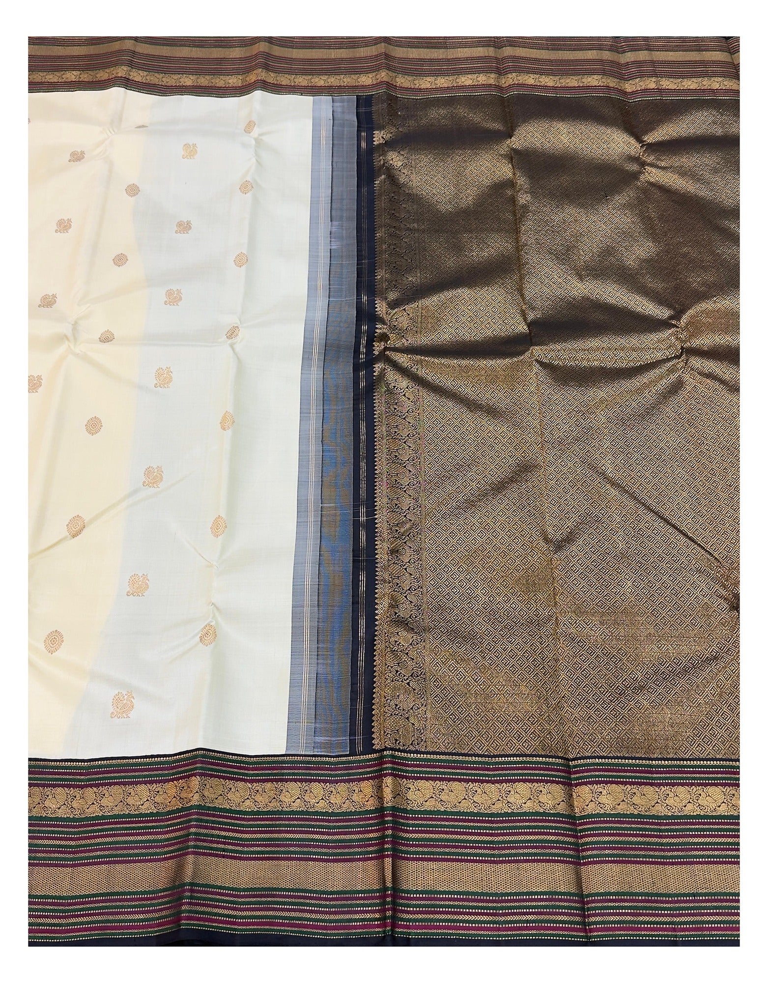 Handwoven Kanchipuram Silk Saree - Ivory with Navy Pallu and Gold Woven Border