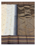Handwoven Kanchipuram Silk Saree - Ivory with Navy Pallu and Gold Woven Border