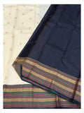 Handwoven Kanchipuram Silk Saree - Ivory with Navy Pallu and Gold Woven Border