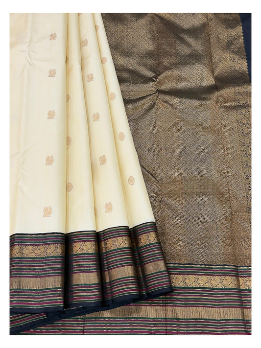 Handwoven Kanchipuram Silk Saree - Ivory with Navy Pallu and Gold Woven Border